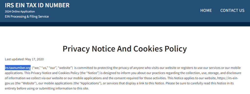privacy notice and cookie policy site shows the original domain