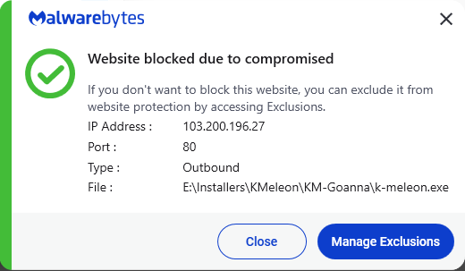 Malwarebytes blocks 103.200.196.27