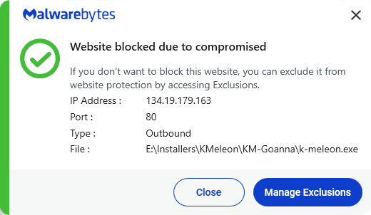 Malwarebytes blocks 134.19.179.163
