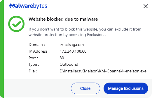 Malwarebytes blocks exactsag.com