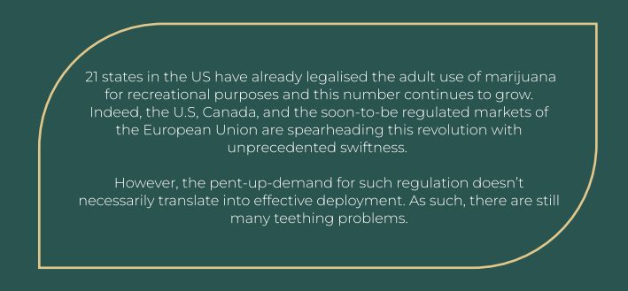 JuicyFields whitepaper: 21 states in the US have already legalised the adult use of marijuana for recreational purposes and this number continues to grow. Indeed, the U.S., Canada, and the soon-to-be regulated markets of the European Union are spearheading this revolution with unprecedented swiftness. However, the pent-up-demand for such regulationdoesn't necessarily translate into effective deployment. As such, there are still many teething problems.