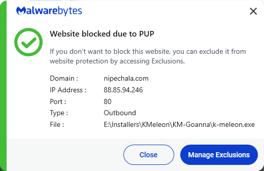 Malwarebytes blocks nipechala.com