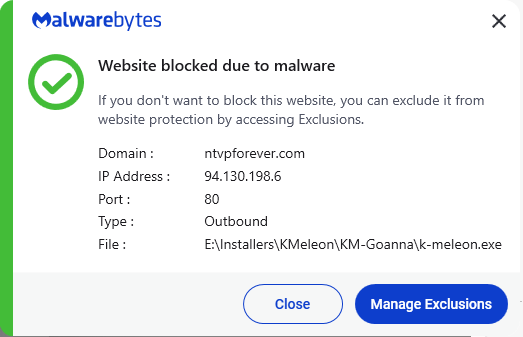 Malwarebytes blocks ntvpforever.com