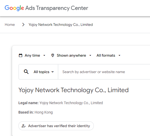 Google Ads Transparency Center entry for Yojoy Network Technology