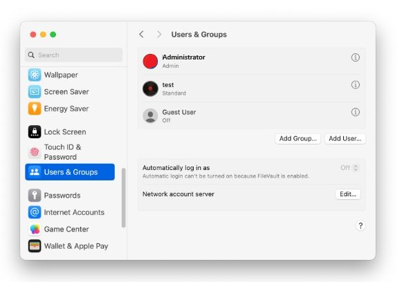 Users & Groups menu on a Mac