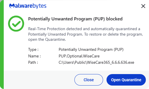 Malwarebytes blocks the installer PUP.Optional.WiseCare