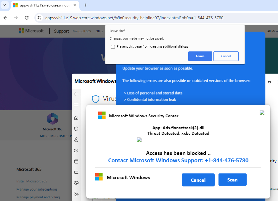 Açılır pencerelere sahip tipik Sahte Microsoft uyarı sayfası, ziyaretçiye 1-844-476-5780'i aramasını söyler (teknik destek dolandırıcıları)