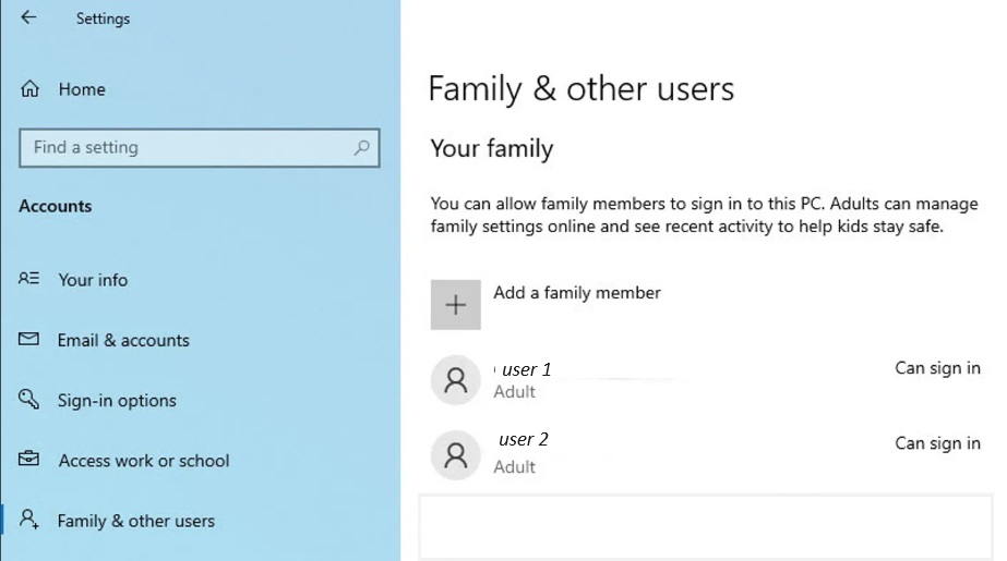 Windows Family & other users menu