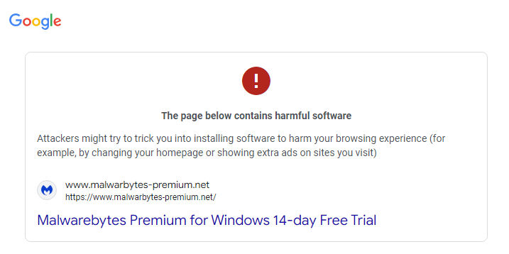 Google warning for malwarebytes-premium.net
