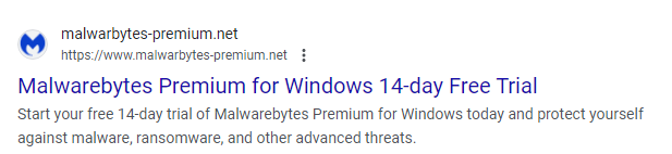 search result for Malwarebytes Premium pointing to an imposter site