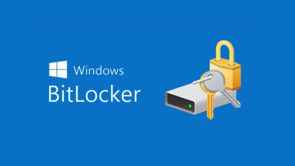 The BitLocker logo of a hard drive, keys, and a lock