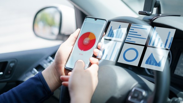 A phone showing multiple data streams is being viewed within the front seat of a car.
