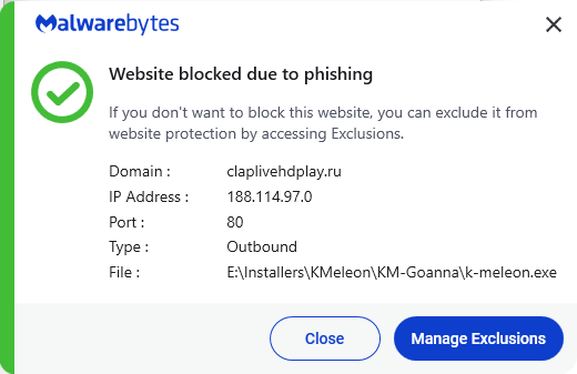 Malwarebytes blocks claplivehdplay.ru