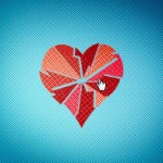 An illustration of a heart is cracked and shattered on a pixelated screen.