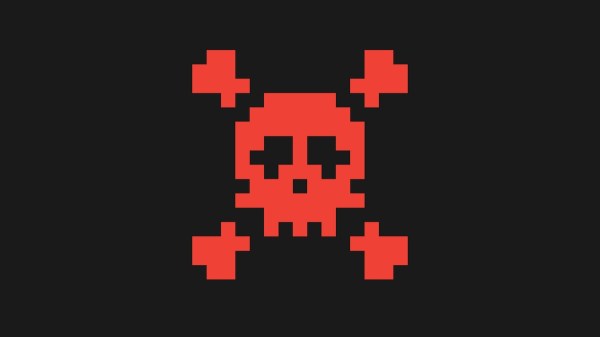 A red skull and bones is shown against a black background.