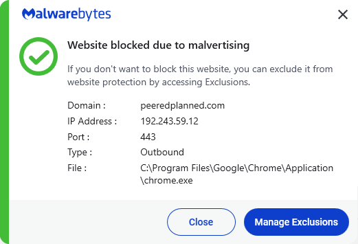 Malwarebytes blocks peeredplanned.com