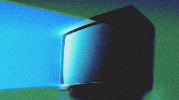 An illustration of an old TV set with pale blue light ominously beaming from the display,