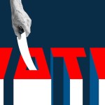 A hand drops a ballot into the letter "O" of the word "VOTE"