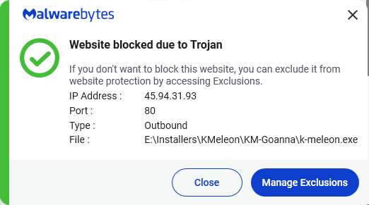 Malwarebytes blocks 45.94.31.93