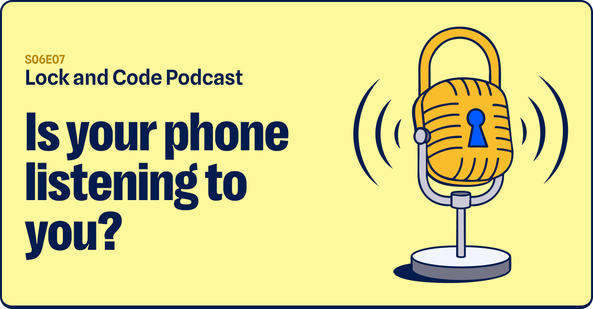 An illustrated padlock is mounted into a microphone stand with sound waves emitting from the device.