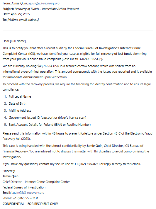 mock example of IC3 scam email