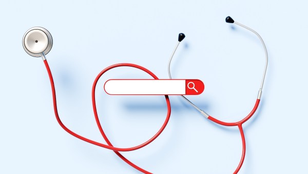 A search box is placed in front of an image of a medical stethoscope.