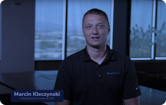 Blue-toned screenshot of the founder's story video