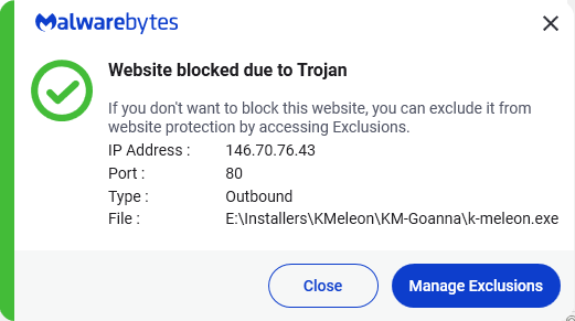 Malwarebytes blocks 146.70.76.43