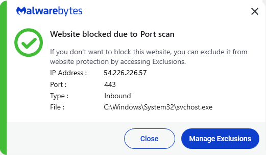 Malwarebytes blocks 54.226.226.57