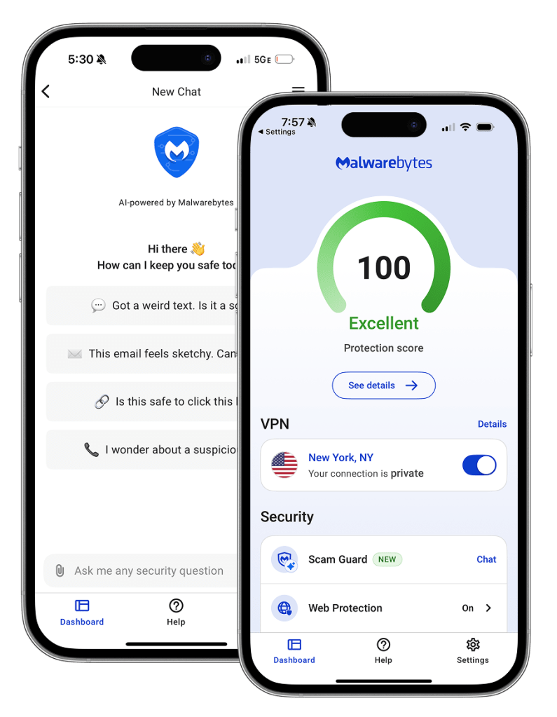 Teams mobile UI for Scam Guard and VPN within Malwarebytes Mobile Security app. Shown on iOS and Android device.