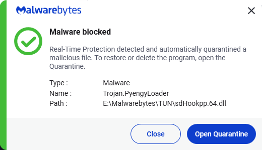 Malwarebytes blocks Trojan.PyengyLoader