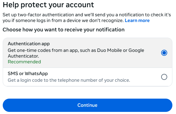 Instagram 2FA options