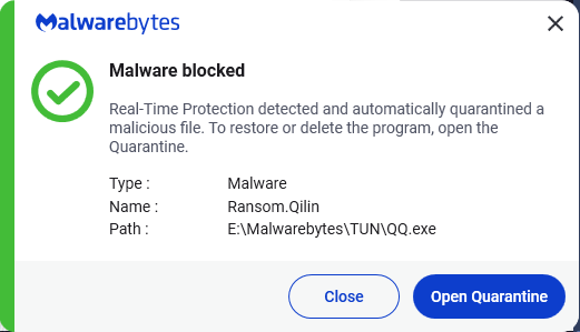 Malwarebytes blocks Ransom.Qilin