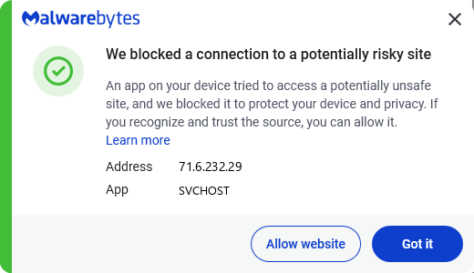 Malwarebytes blocks 71.6.232.29