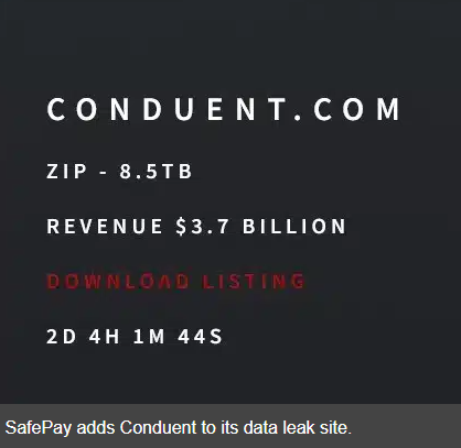 Ransomware gang claims Conduent breach: what you should watch for next 2 Conduent.com
zip 8.5 TB
Revenue $3.7 Billion
Download listing