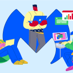 The Malwarebytes logo rests behind three illustrated people working on their laptops.