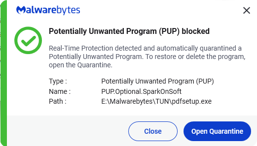 Malwarebytes blocks PUP.Optional.SparkOnSoft
