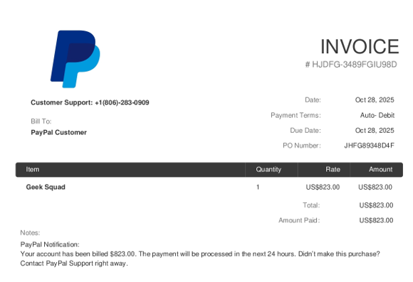 Fake PayPal invoice from Geek Squad is a tech support scam 2 PayPal branded invoice