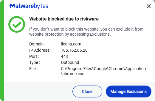 Malwarebytes blocks lleana.com
