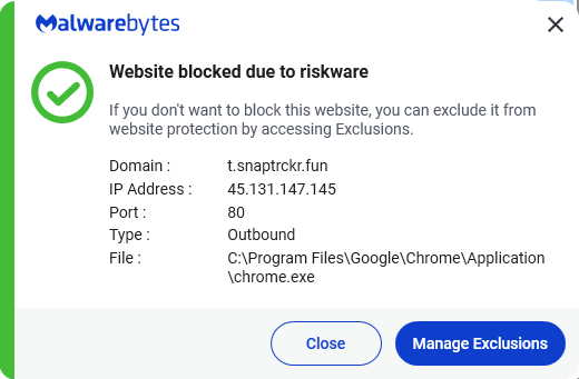 Malwarebytes blocks t.snaptrckr.fun