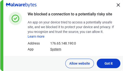 Malwarebytes blocks 176.65.148.190