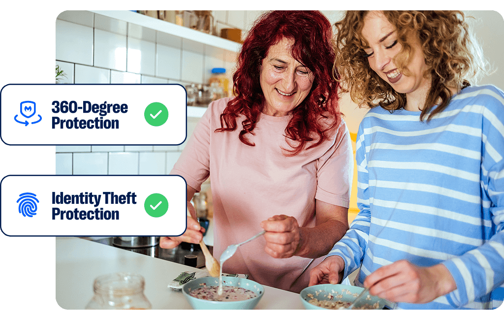 Two women in a bright and cheery kitchen overlayed with rectangles showing Malwarebytes features of 360 degree protection and identity theft protection