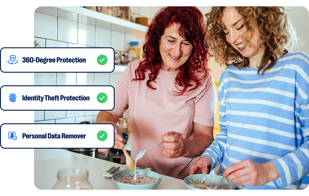 Two women in a bright and cheery kitchen overlayed with rectangles showing Malwarebytes features of 360 degree protection, identity theft protection, and personal data remover