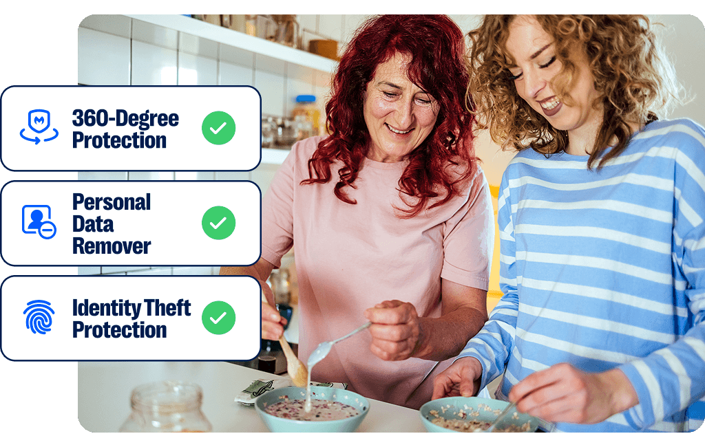 Two women in a bright and cheery kitchen overlayed with rectangles showing Malwarebytes features of 360 degree protection, identity theft protection, and personal data remover