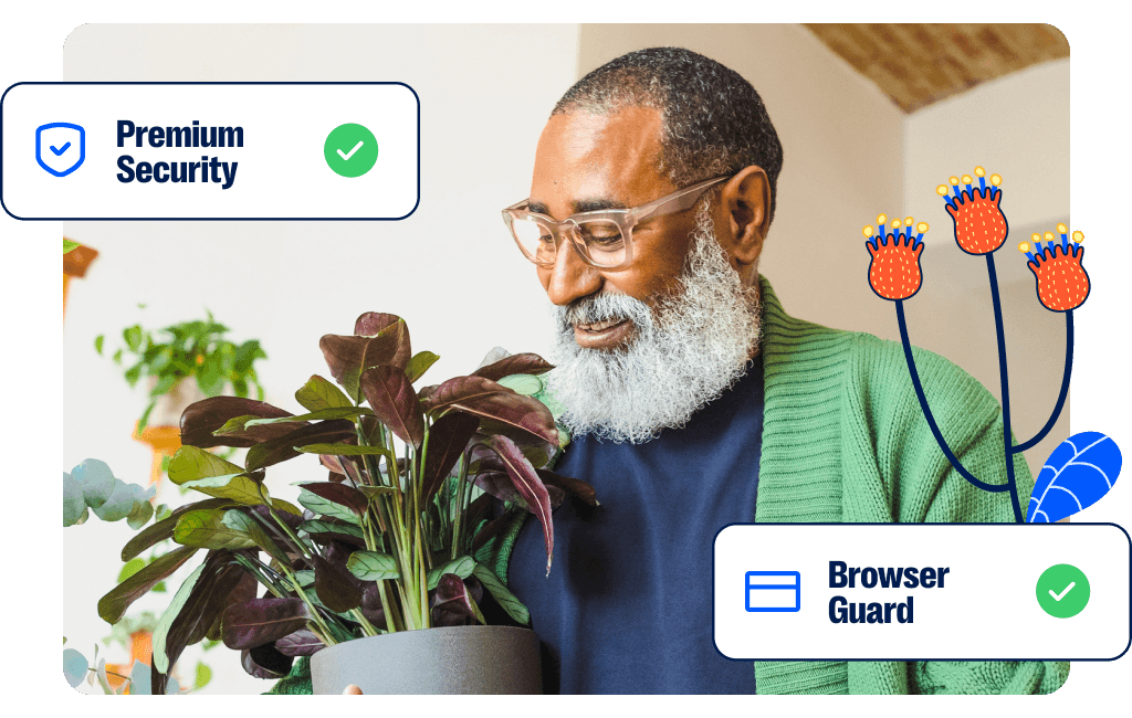 Man with a beard lovingly holding a plant. Rectangles showing Malwarebytes features overlay the image and say Premium Security and Browser Guard