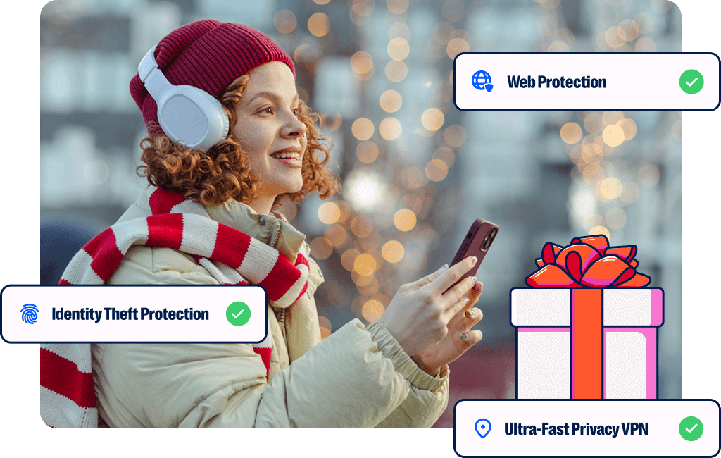Woman in a winter hat and white puffy jacket stands in front of Christmas lights. Rectangles showing Malwarebytes features overlay the image and say web protection, identity theft protection, VPN.