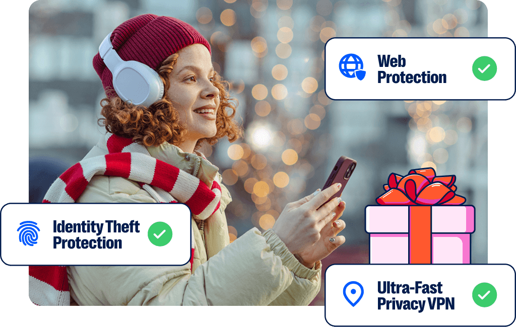 Woman in a winter hat and white puffy jacket stands in front of Christmas lights. Rectangles showing Malwarebytes features overlay the image and say web protection, identity theft protection, VPN.