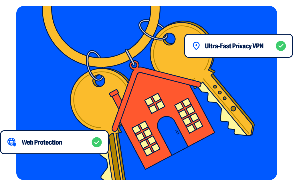 Illustration of a keychain with two keys and a house on a blue background. Rectangles showing Malwarebytes features overlay the image and say web protection and ultra-fast VPN.