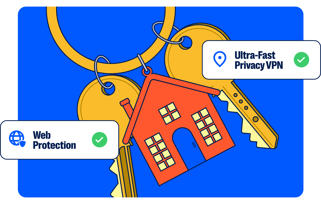 Illustration of a keychain with two keys and a house on a blue background. Rectangles showing Malwarebytes features overlay the image and say web protection and ultra-fast VPN.