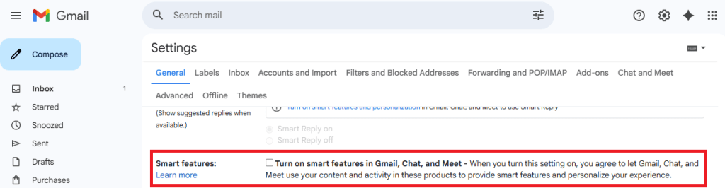 Smart features settings